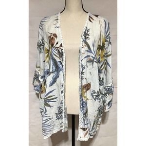 FRANCESCA BETTINI boho floral ruffle sleeve open front linen cardigan jacket